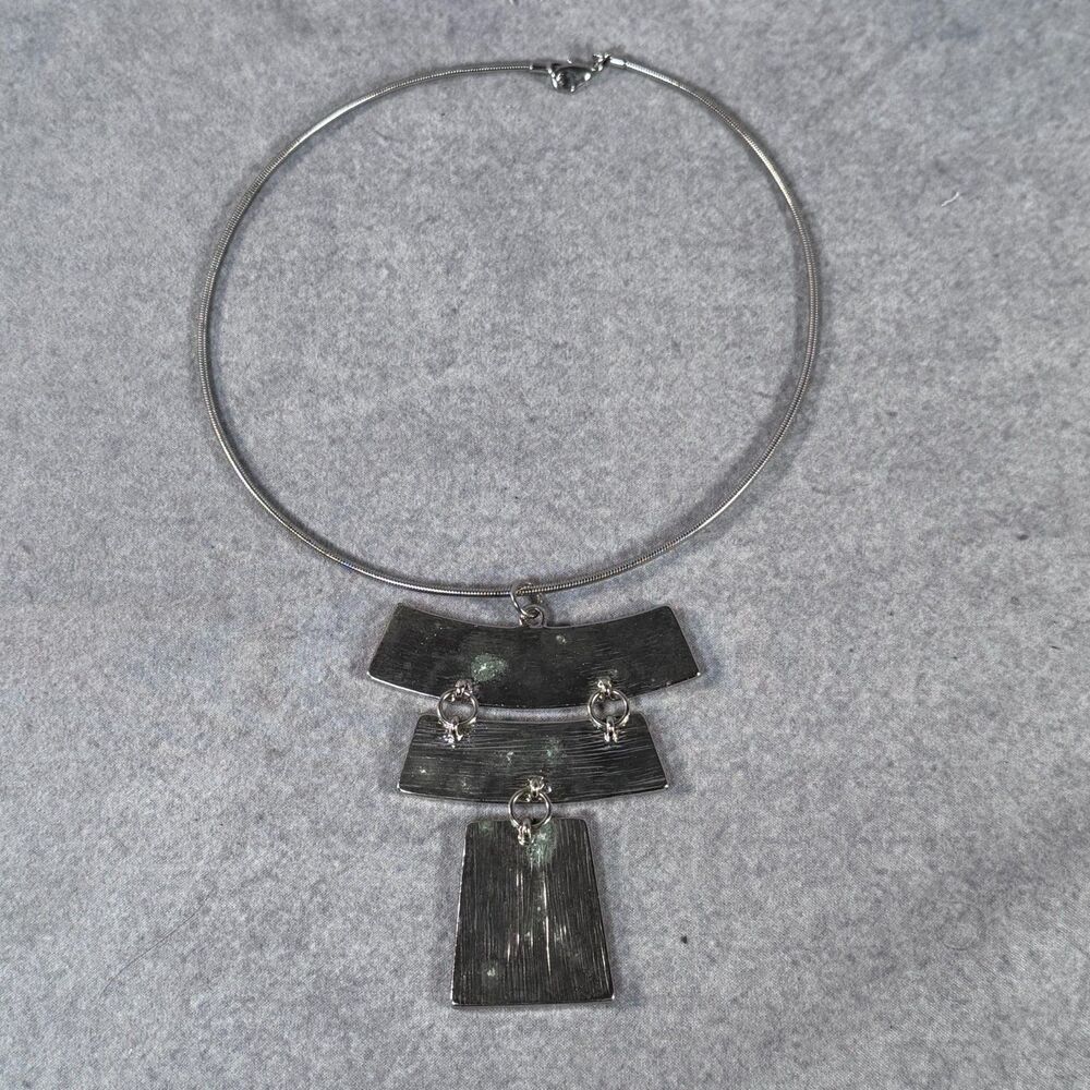 Vintage Modernist Silver Tone Tiered Grid Mesh Pendant Omega Collar Choker Neck - Picture 3 of 6
